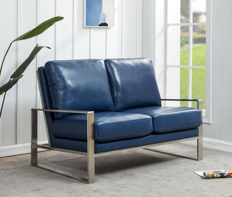 Leisuremod Jefferson Contemporary Modern Faux Leather Loveseat with Silver Frame Navy Blue with Background.