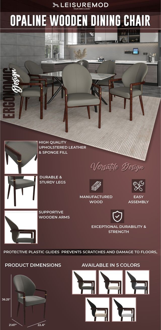 Advertisement for Opaline Wooden Dining Chair with features and specifications on a brown background.