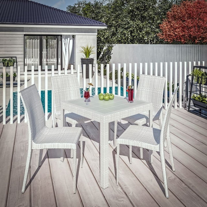 LeisureMod Mace Mid-Century 5-Piece Outdoor Dining Set White
