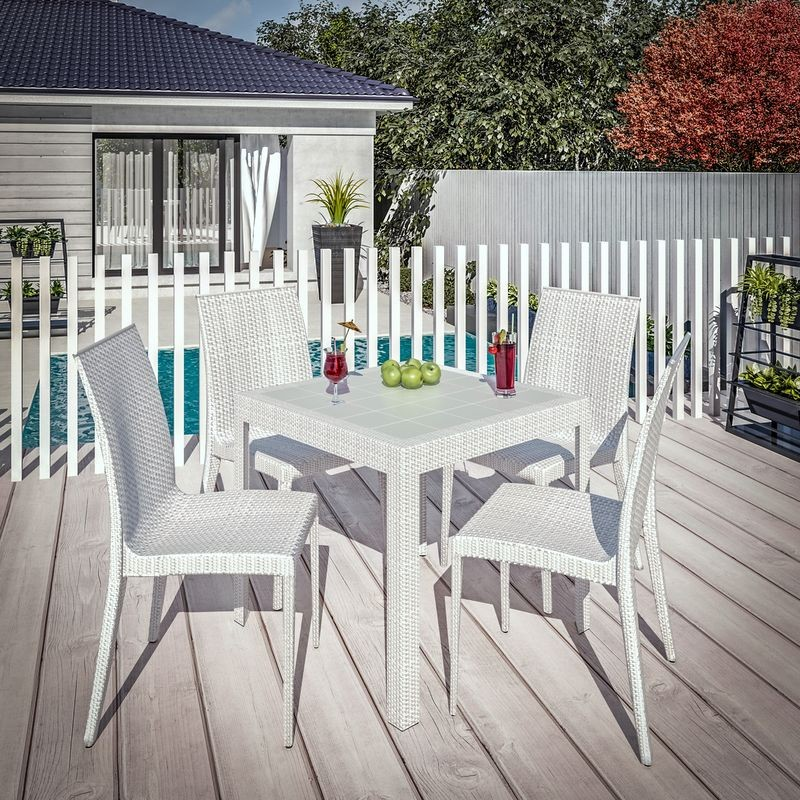 LeisureMod Mace Mid-Century 5-Piece Outdoor Dining Set White