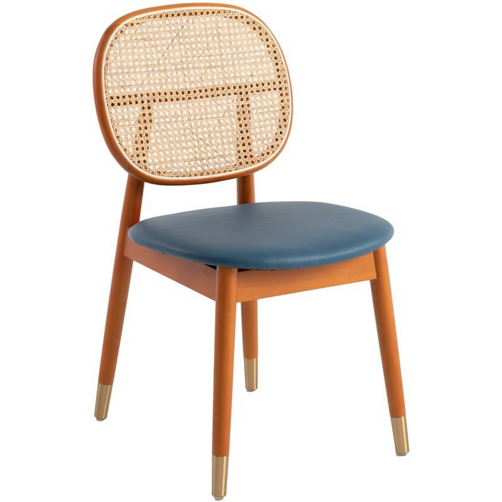 LeisureMod Holbeck Wicker Dining Chair with Upholstered Leather Seat and Beech Wood Legs Navy Blue
