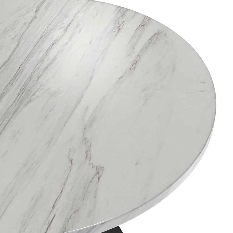 LeisureMod Verve Collection 36 Round Dining Table, Black Base with Sintered Stone White Top Closeup.