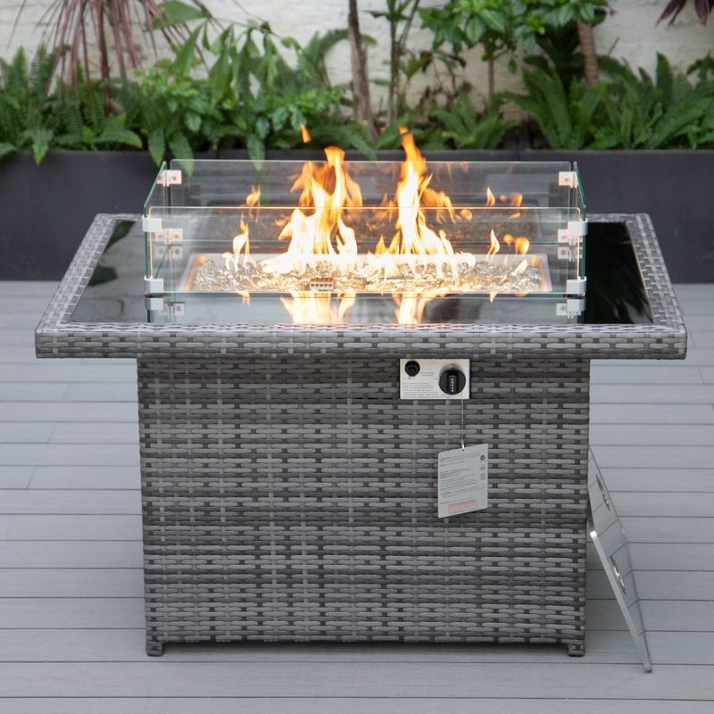 LeisureMod Mace Wicker Patio Modern Propane Fire Pit Table Grey