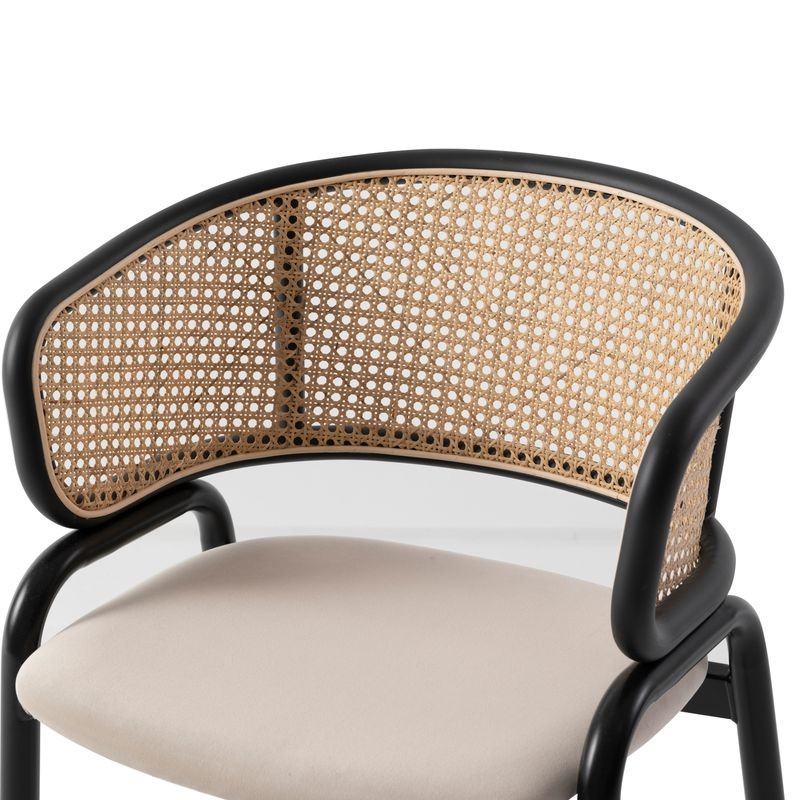 Leisuremod Ervilla Modern Dining Chair with Stainless Steel Legs Velvet Seat and Wicker Back Beige Closeup.