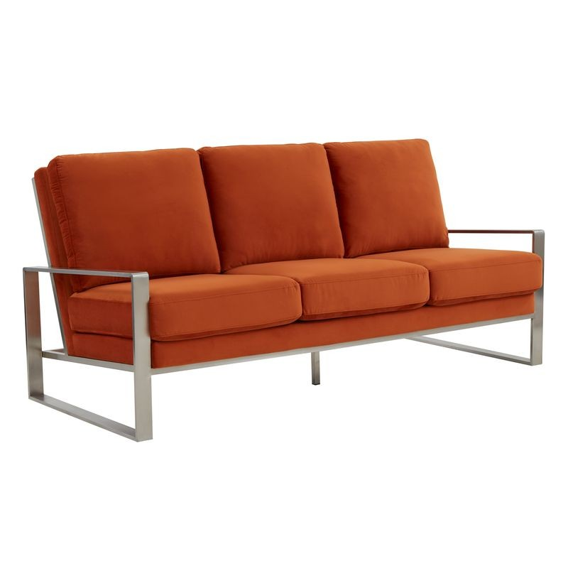 LeisureMod Jefferson Contemporary Modern Design Velvet Sofa with Silver Frame Orange