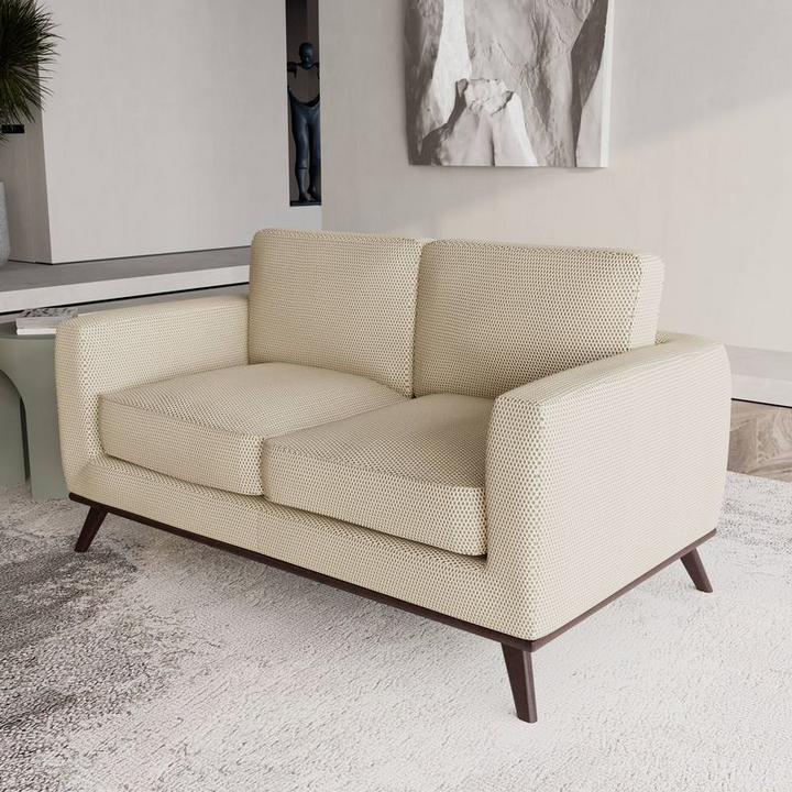 LeisureMod Chester Modern Faux Leather Loveseat in Beige Mesh with Background.