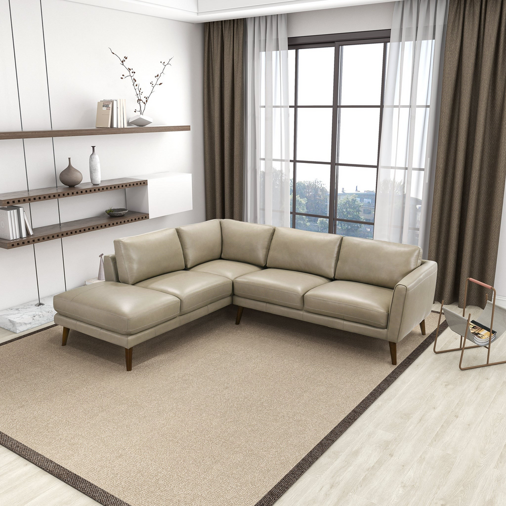 Benson Beige Leather Sectional Sofa Left Facing Chaise Photo.