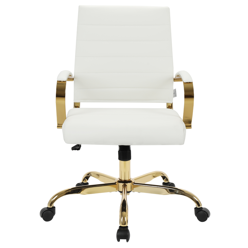 LeisureMod Benmar Home Leather Office Chair with Gold Frame White Front View.