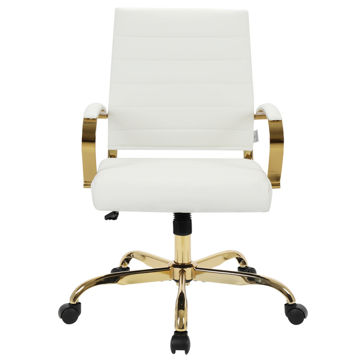 LeisureMod Benmar Home Leather Office Chair with Gold Frame White Front View.