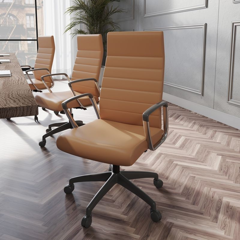 LeisureMod Hilton Modern High-Back Leather Office Chair Light Brown at Table.