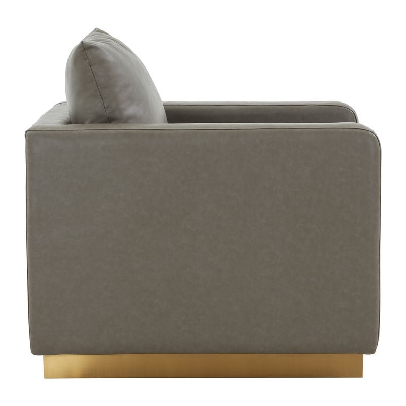 LeisureMod Nervo Faux Leather Accent Armchair with Gold Frame Grey Side View.