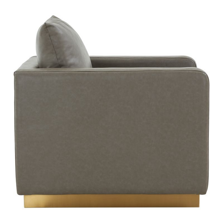LeisureMod Nervo Faux Leather Accent Armchair with Gold Frame Grey Side View.