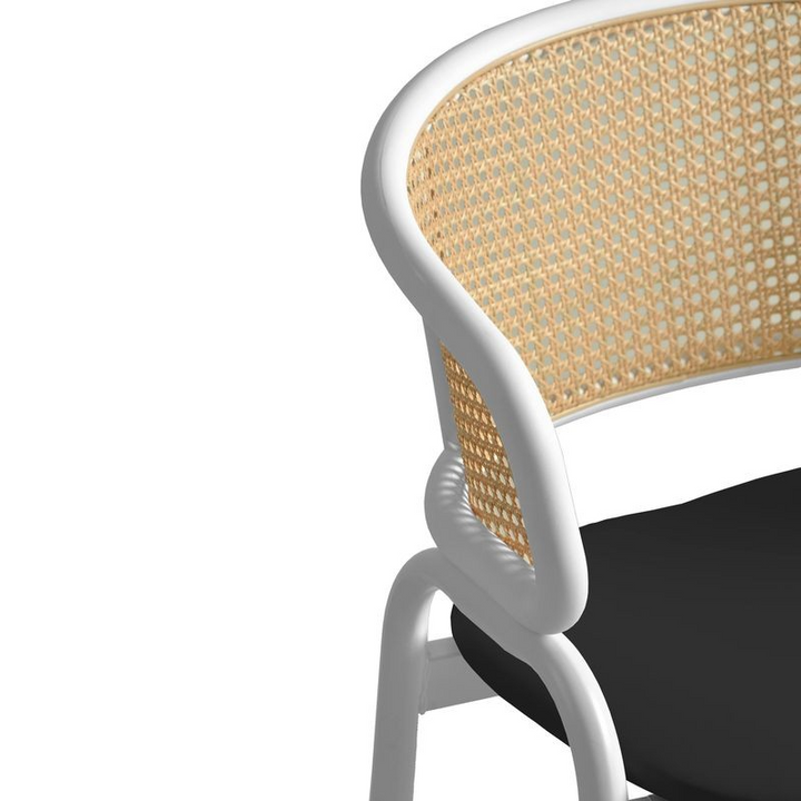 LeisureMod Ervilla Wicker Bar Stool with Fabric Seat and White Steel Frame in Black Leather Closeup.