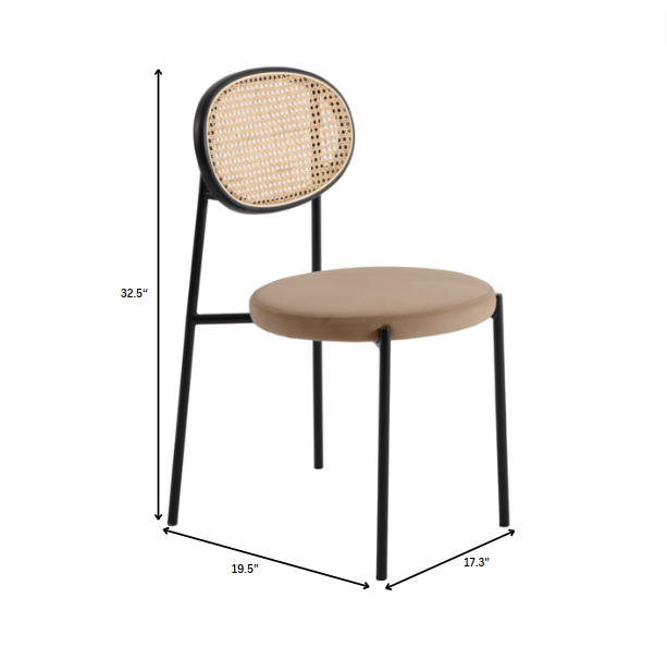 Chair with wicker backrest and beige seat, shown with dimensions on a white background.