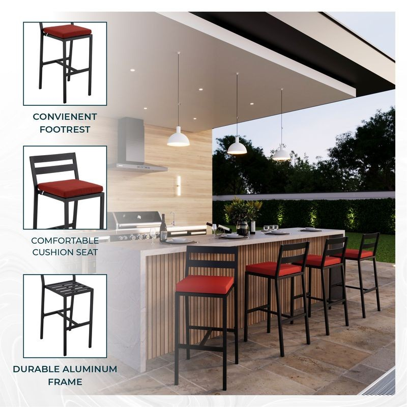 Outdoor kitchen area with red cushioned stools and a grill, featuring text on comfort and durability.