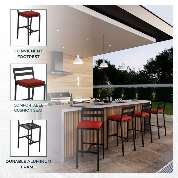 Outdoor kitchen area with red cushioned stools and a grill, featuring text on comfort and durability.