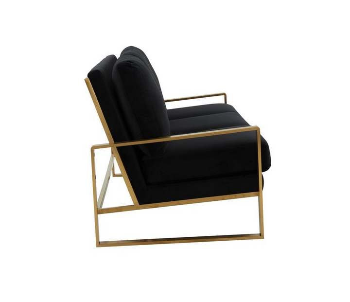 LeisureMod Jefferson Contemporary Modern Design Velvet Sofa with Gold Frame Black Side View.