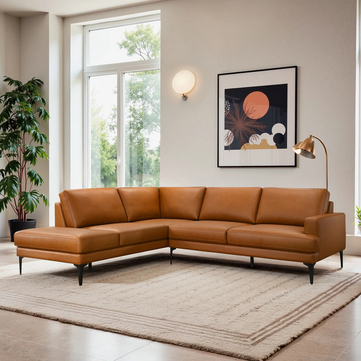 Bristol Durable Vegan Leather Left-Facing Sectional Sofa in Living Room.