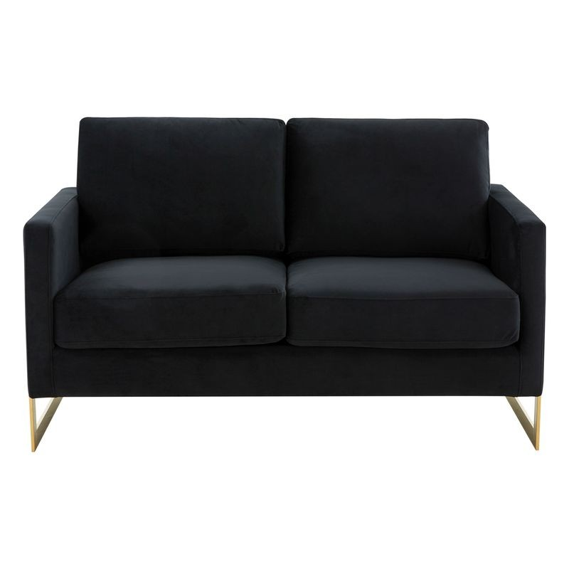 LeisureMod Lincoln Modern Mid-Century Upholstered Velvet Loveseat with Gold Frame Midnight Black Front View.