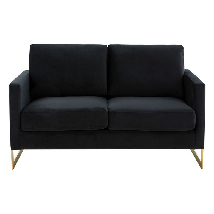 LeisureMod Lincoln Modern Mid-Century Upholstered Velvet Loveseat with Gold Frame Midnight Black Front View.