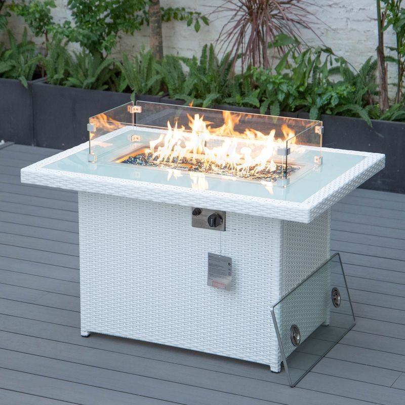 LeisureMod Mace Wicker Patio Modern Propane Fire Pit Table White Lit.