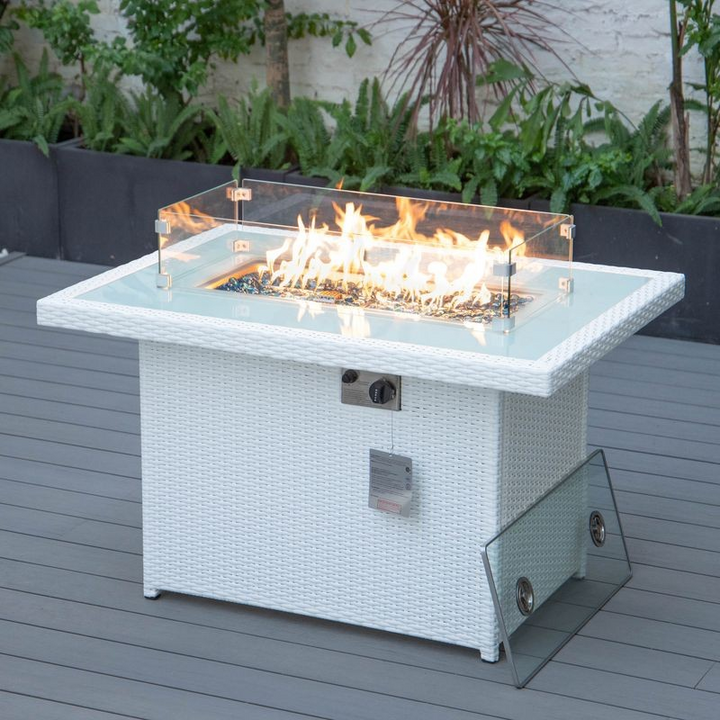 LeisureMod Mace Wicker Patio Modern Propane Fire Pit Table White Lit.