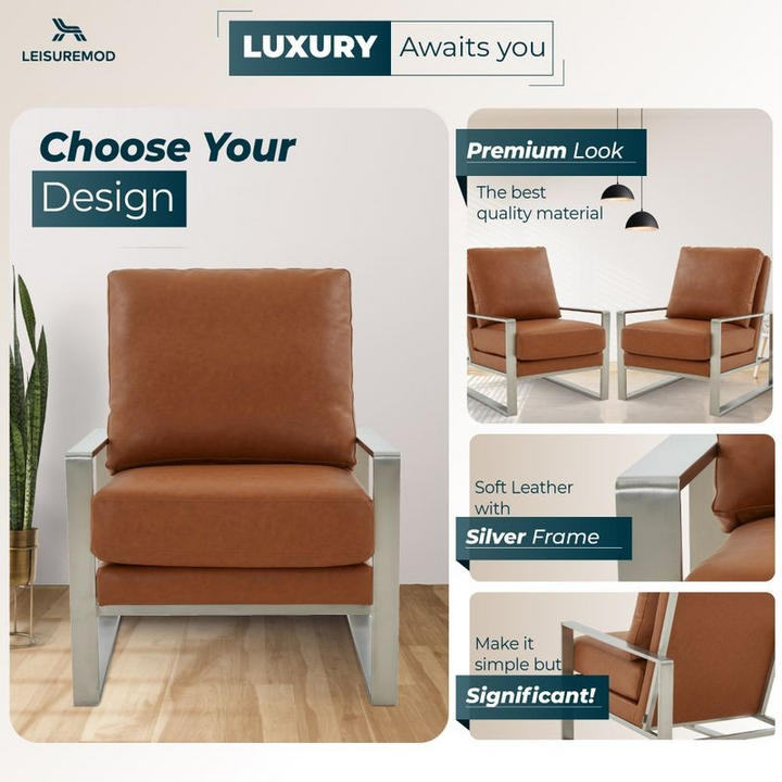 LeisureMod Jefferson Leather Modern Design Accent Armchair with Elegant Silver Frame Cognac Tan Designs.