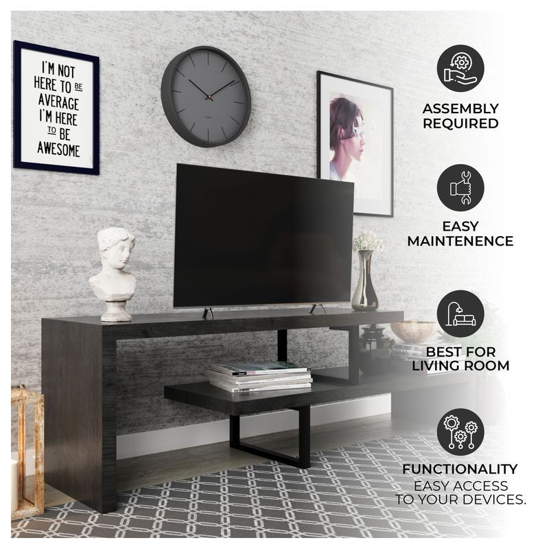 LeisureMod Orford Mid-Century Modern TV Stand with MDF Shelves and Powder Coated Iron Legs in Phantom Grey Description.