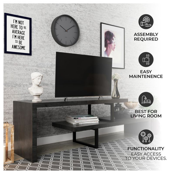 LeisureMod Orford Mid-Century Modern TV Stand with MDF Shelves and Powder Coated Iron Legs in Phantom Grey Description.