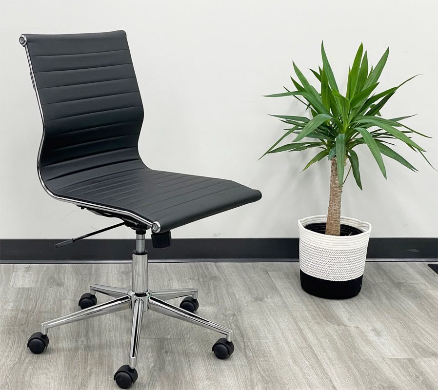 Modern Classic Armless Office Chair in Black Leather with Background