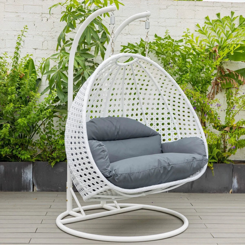 Modern Wicker Hanging Double Seater Egg Swing Chair White/Dark Grey Outside