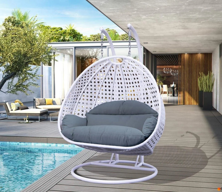Modern Wicker Hanging Double Seater Egg Swing Chair White/Charcoal Blue on Deck