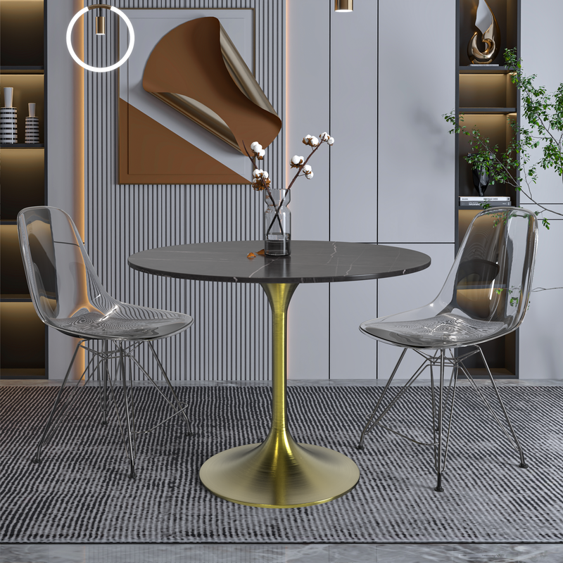 LeisureMod Verve Collection 36 Round Dining Table, Brushed Gold Base with Sintered Stone Black Top with Chairs.