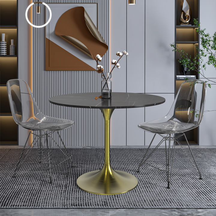 LeisureMod Verve Collection 36 Round Dining Table, Brushed Gold Base with Sintered Stone Black Top with Chairs.