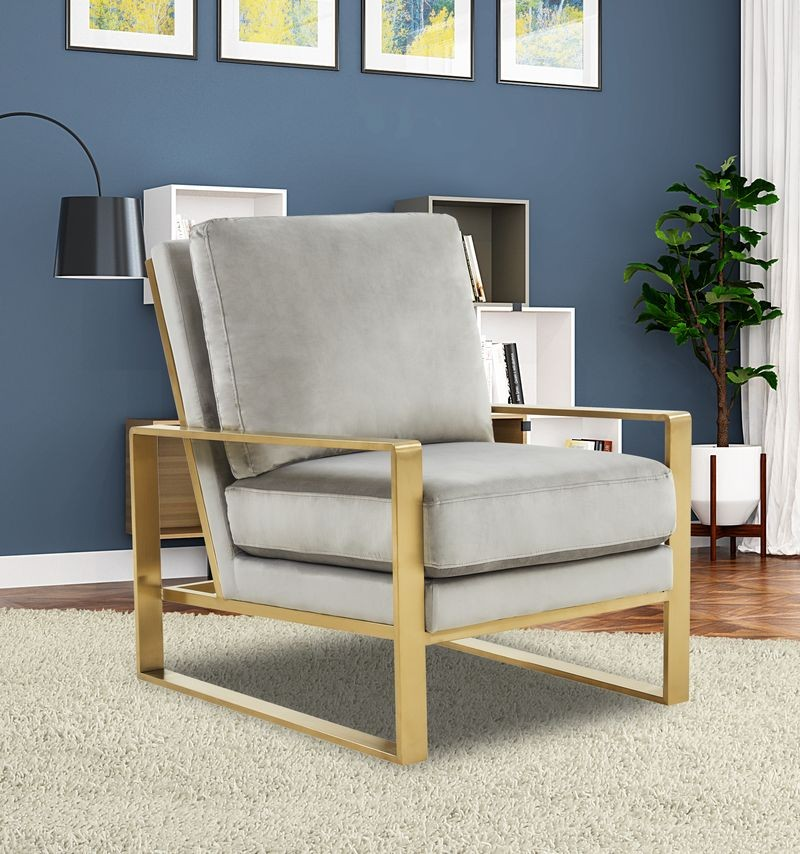 LeisureMod Jefferson Velvet Design Accent Armchair with Gold Brass Finish Frame Light Gray with Background.