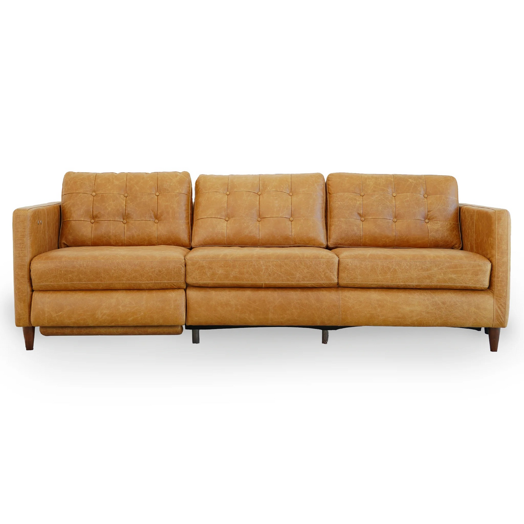 Christopher Tan Leather Electric Inclining Sofa Left Facing Front Photo.