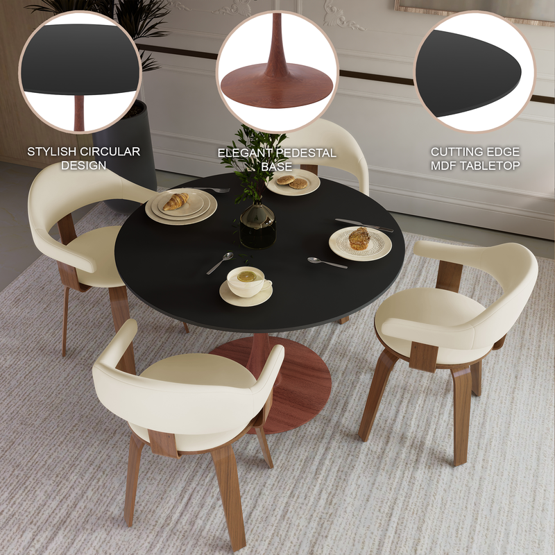 LeisureMod Bristol 40" Round Dining Table Wood Transfer Cherry Base with MDF Black Top Details.