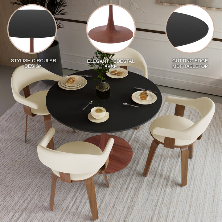 LeisureMod Bristol 40" Round Dining Table Wood Transfer Cherry Base with MDF Black Top Details.