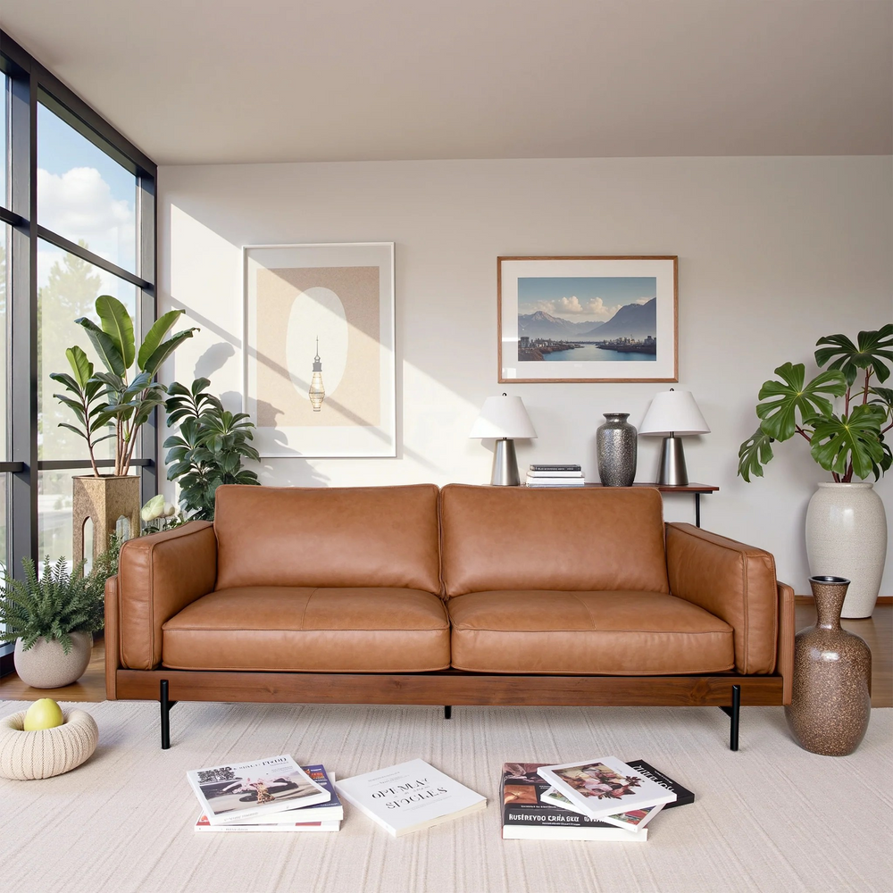 Utica Premium Leather Living Room Sofa with Metal Legs and Sustainable Materials Front View