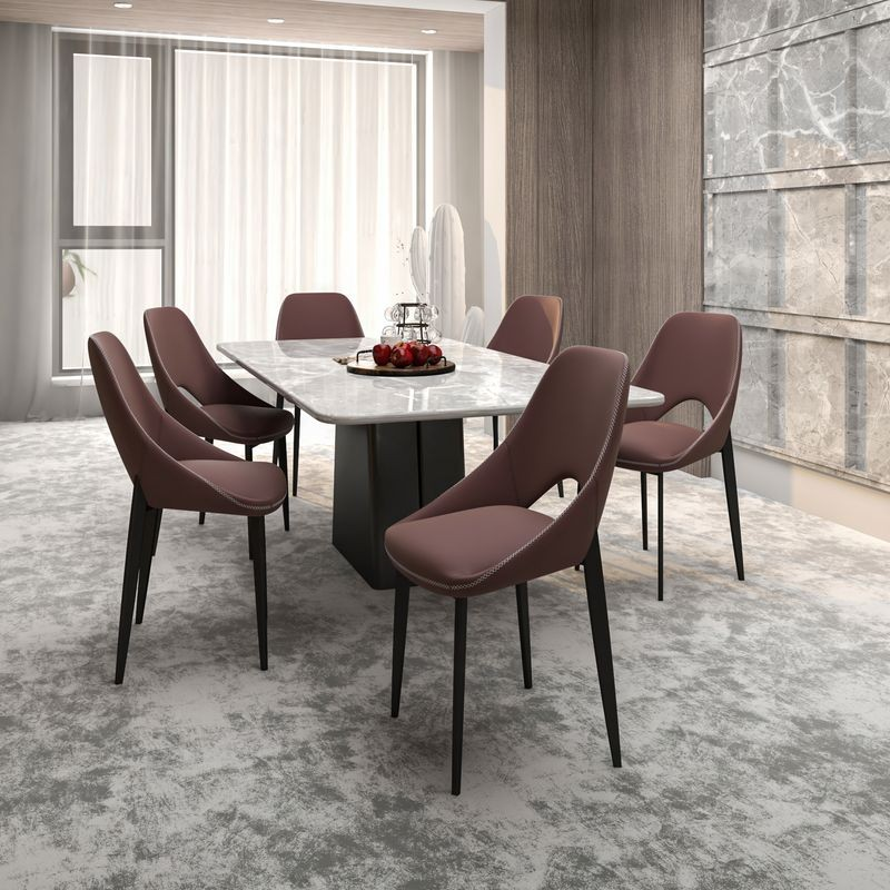 LeisureMod Amalfi Collection Fabric Modern Dining Chair in Plum Purple at Table.