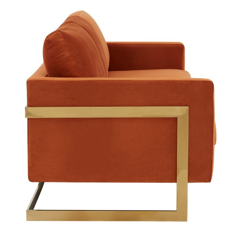 LeisureMod Lincoln Modern Mid-Century Upholstered Velvet Sofa with Gold Frame Orange Marmalade Side View.