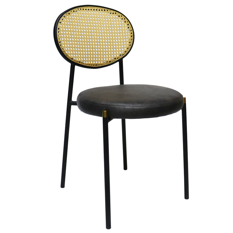LeisureMod Euston Modern Wicker Dining Chair with Black Frame and Leather Seat in Charcoal