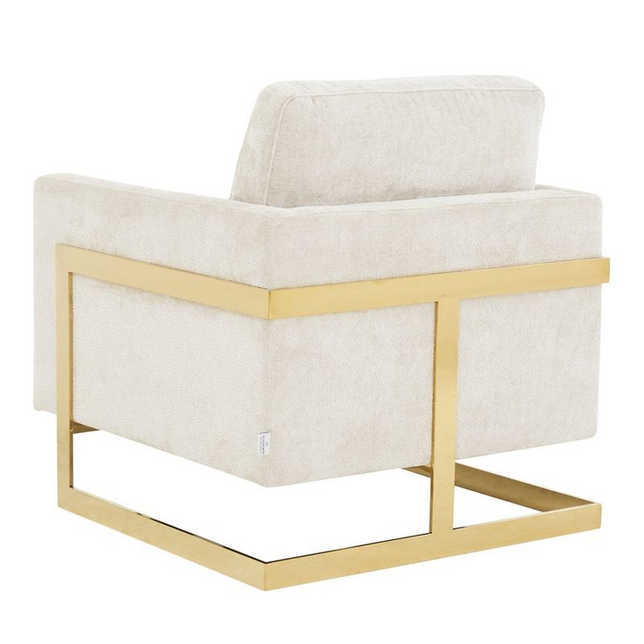 LeisureMod Lincoln Boucle Fabric Accent Armchair with Gold Stainless Steel Frame and Removable Back Cushion in Grey Back