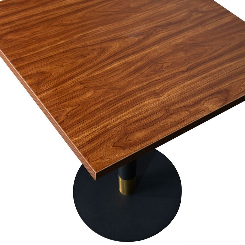 LeisureMod Vail Collection Dining Table Black/Gold Base With 24" Square Cognac Brown MDF Top Closeup.