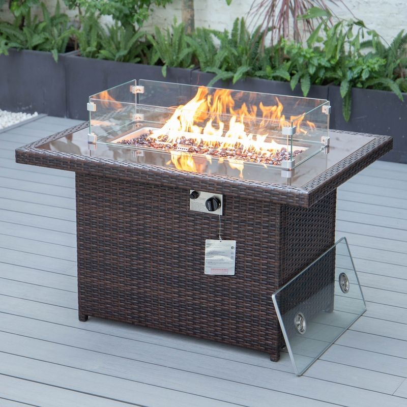 LeisureMod Mace Wicker Patio Modern Propane Fire Pit Table Dark Brown Lit.