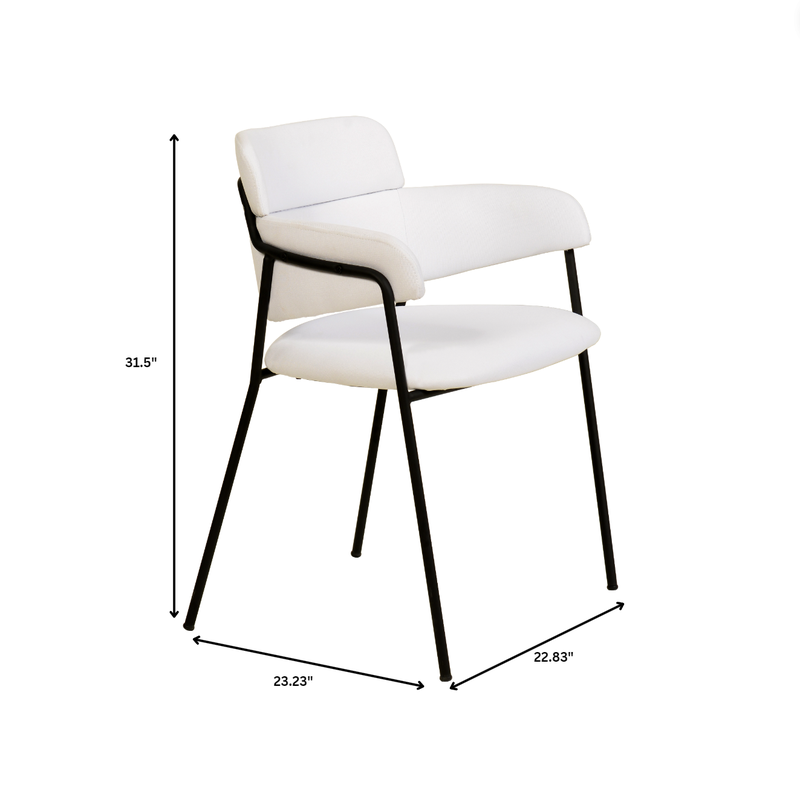 White chair with black legs and dimensions labeled on a white background.