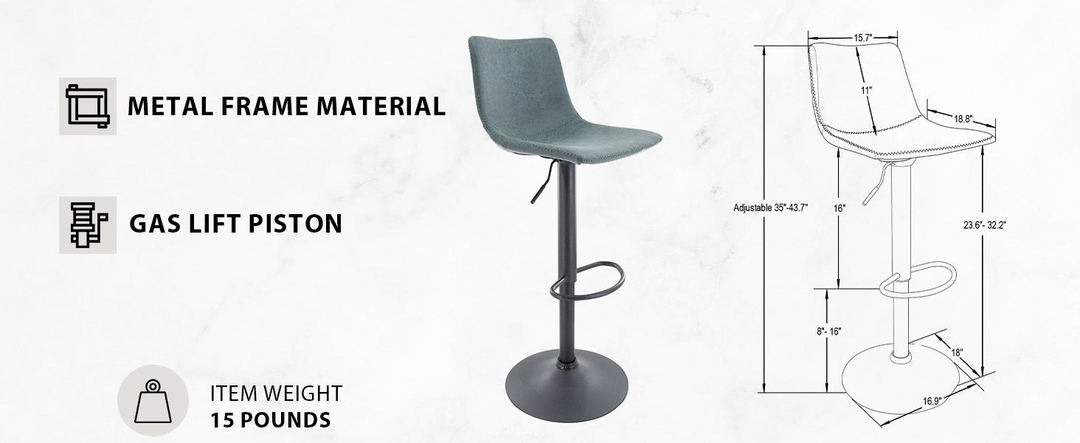 Gray bar stool with metal frame material, gas lift piston, and item weight information on a white background.