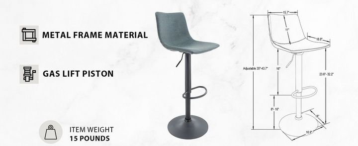 Gray bar stool with metal frame material, gas lift piston, and item weight information on a white background.