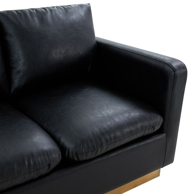 LeisureMod Nervo Modern Mid-Century Upholstered Faux Leather Loveseat with Gold Frame Black Closeup.