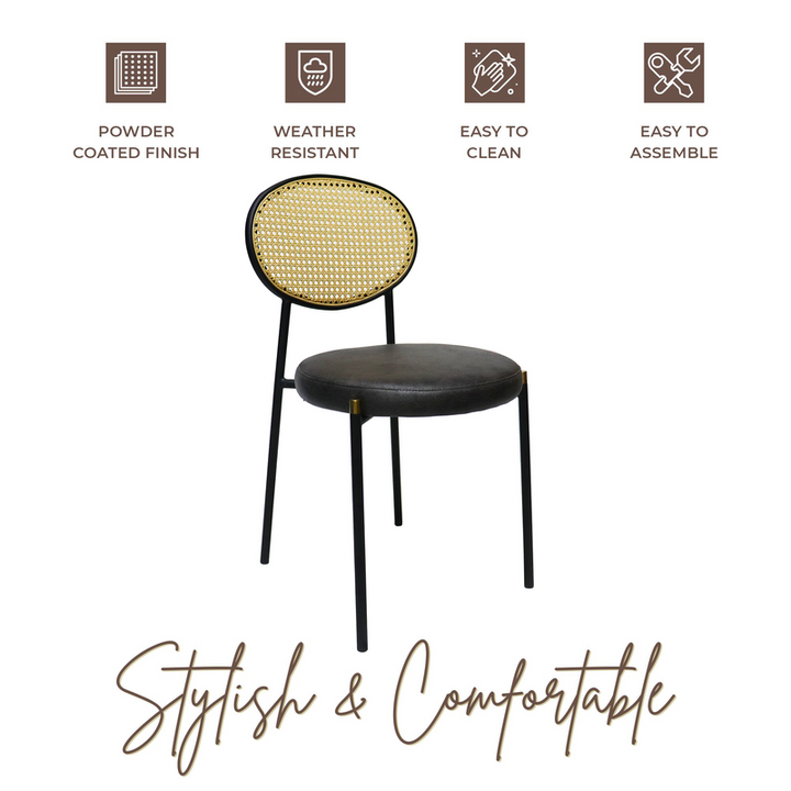 Chair with rattan backrest and black seat, featuring durability and ease of use icons on a white background.